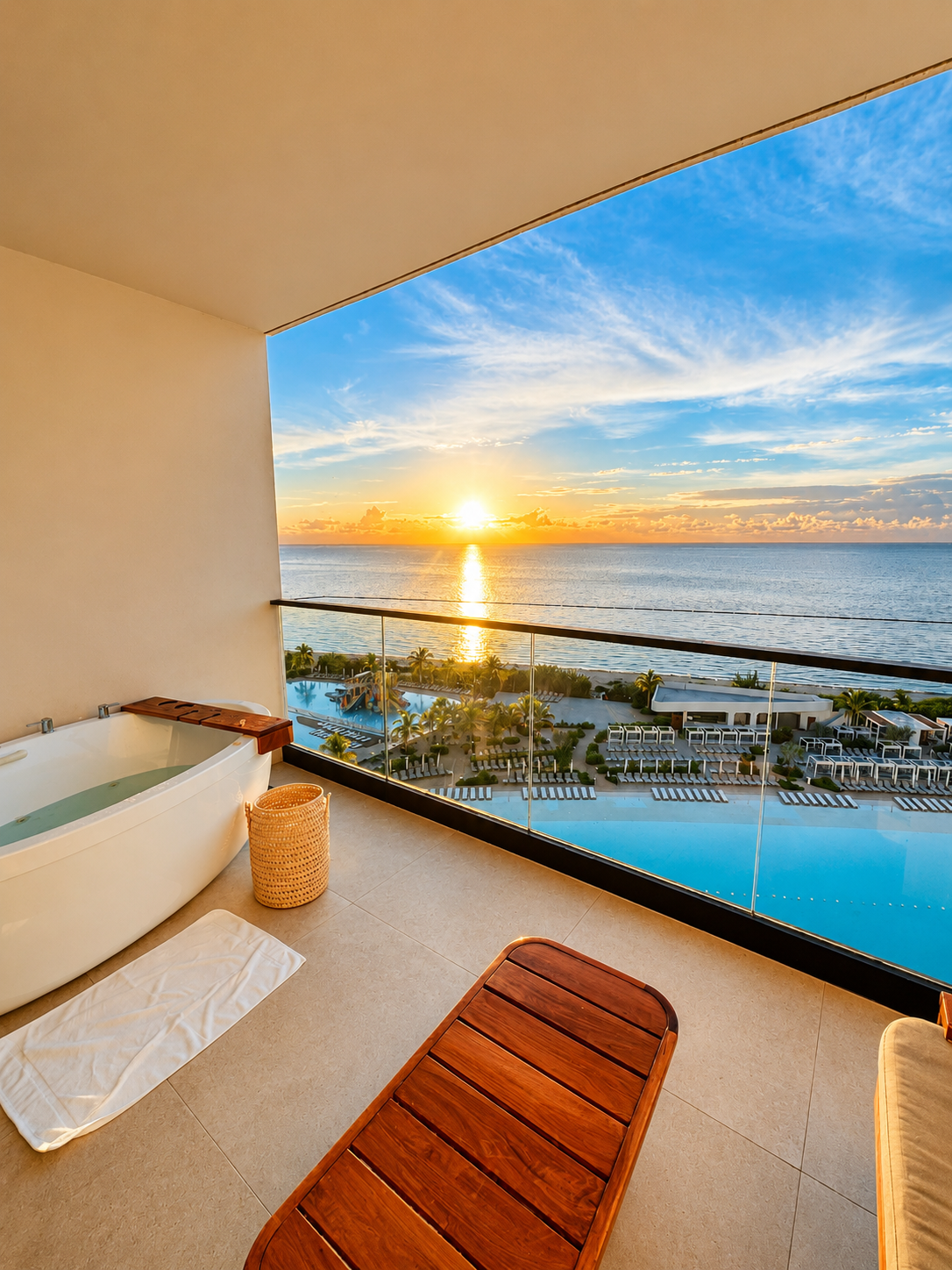 Sunset Suite View — Private balcony moments, glowing sunsets, and resort luxury designed for rest, romance, and recharge time.